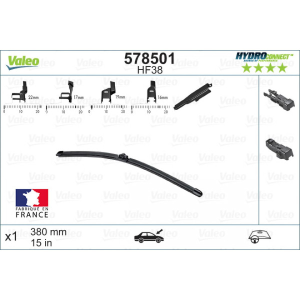 Rear wiper Valeo HydroConnect HF38, 380 mm