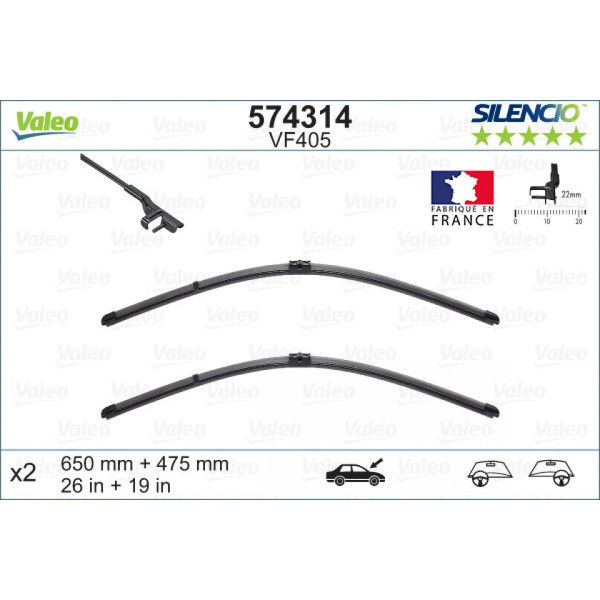 Wiper set Valeo Silencio X.TRM OE VF405, 650/475 mm